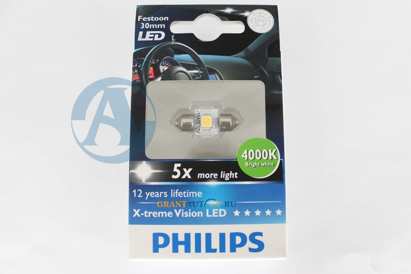 Лампа 12V C5W PHILIPS X-TREME VISION LED 4000K P-12940LED 1шт фотография №1