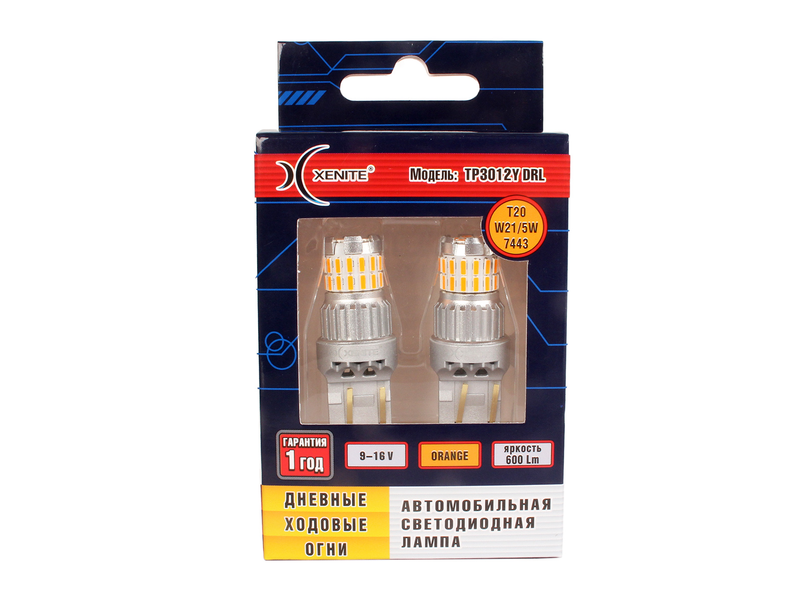 Лампа XENITE TP3012Y DRL T20/W21/5W/7443 ДХО 12V диодная оранжевая комплект фотография №3