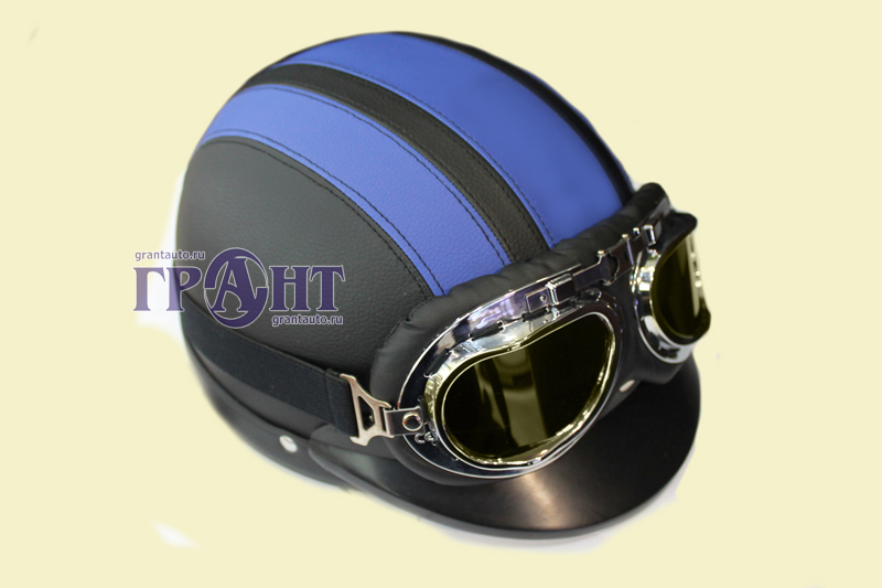 Мотошлем кожа черно синий с очками фотография №1