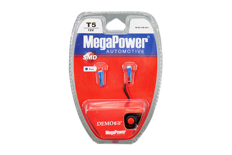 Лампа MEGAPOWER (T5/W2W) 12V 1SMD 3528 BLUE с тестером к-т фотография №1