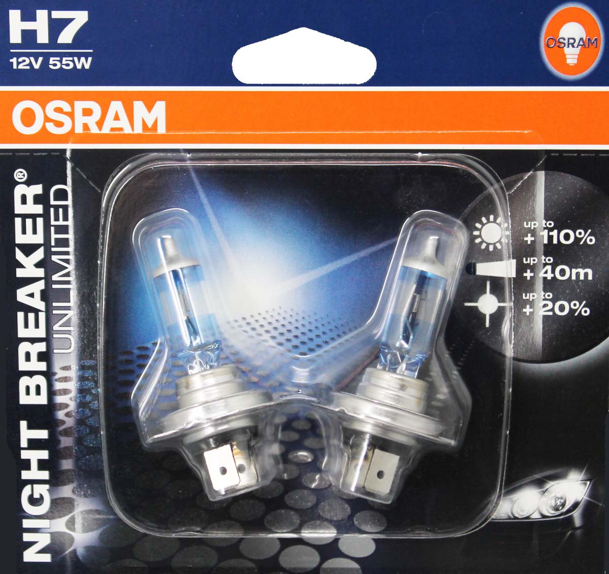 Лампа 12Vx55W H7 +110% OSRAM NIGHT BREAKER UNLIMITED 2шт комплект фотография №1
