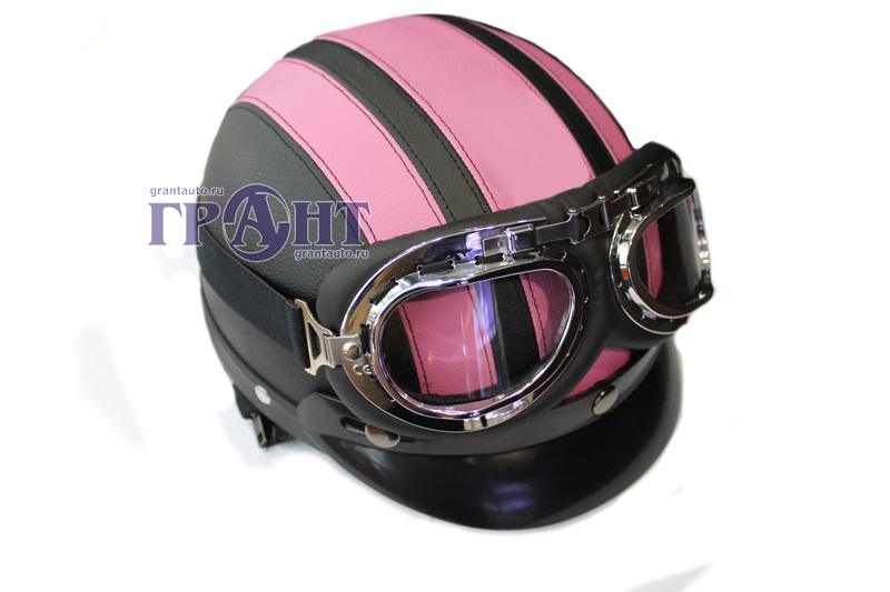 Мотошлем кожа черно розовый с очками фотография №1