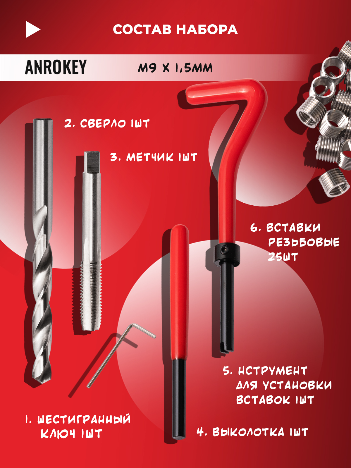 Набор для восстановления резьбы M9x1.5мм 30 предметов ANROKEY фотография №2