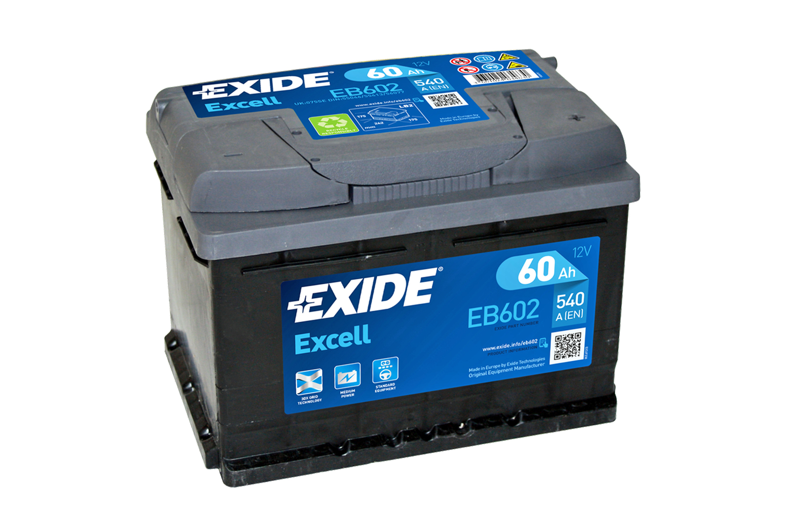 Аккумулятор EXIDE EB602 Excell 12V 60Ah 540A 242х175х175 полярность ETN0 клемы EN крепление B13 фотография №1
