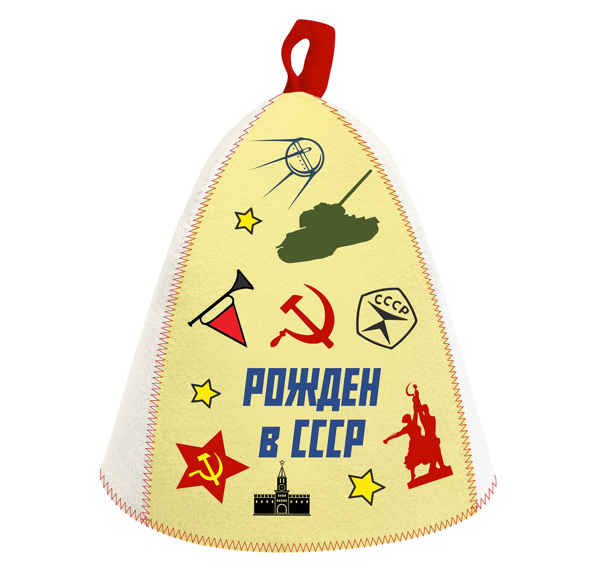 Шапка банная с принтом и вышивкой Рождён в СССР войлок белый фотография №1