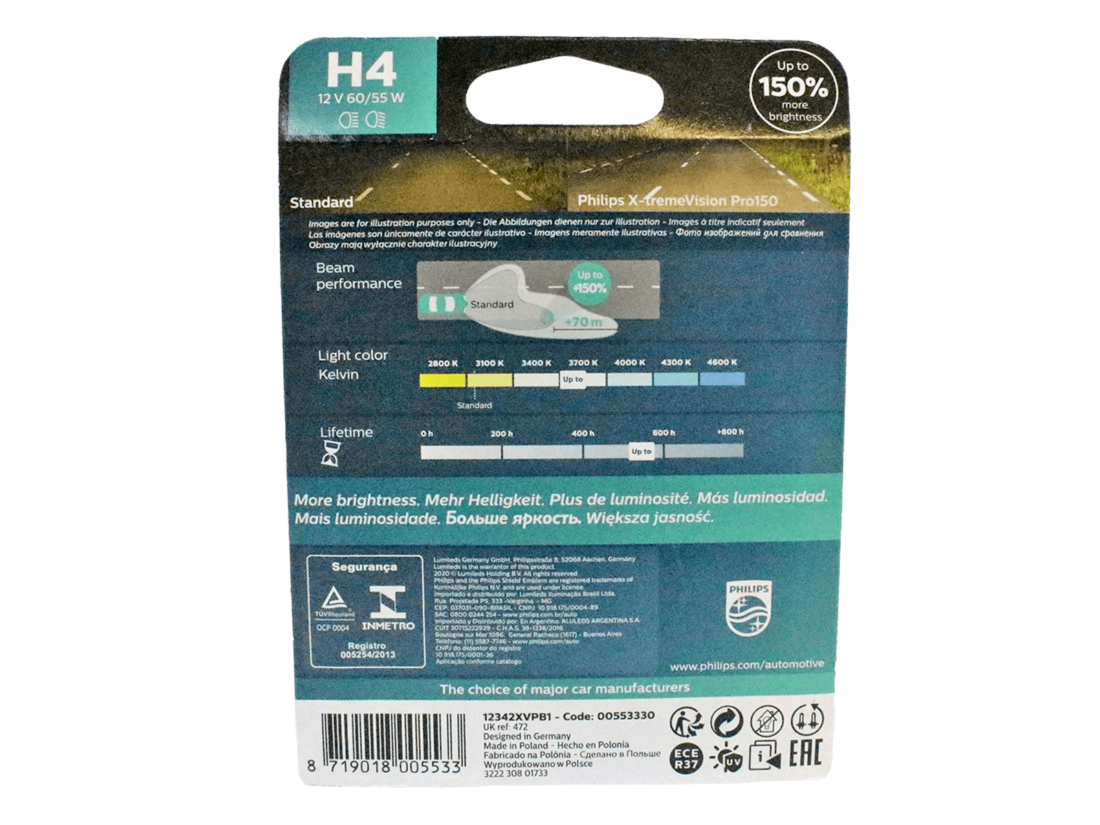Лампа 12Vx60/55W H4 PHILIPS X-TREME VISION PRO 150 блистер фотография №2