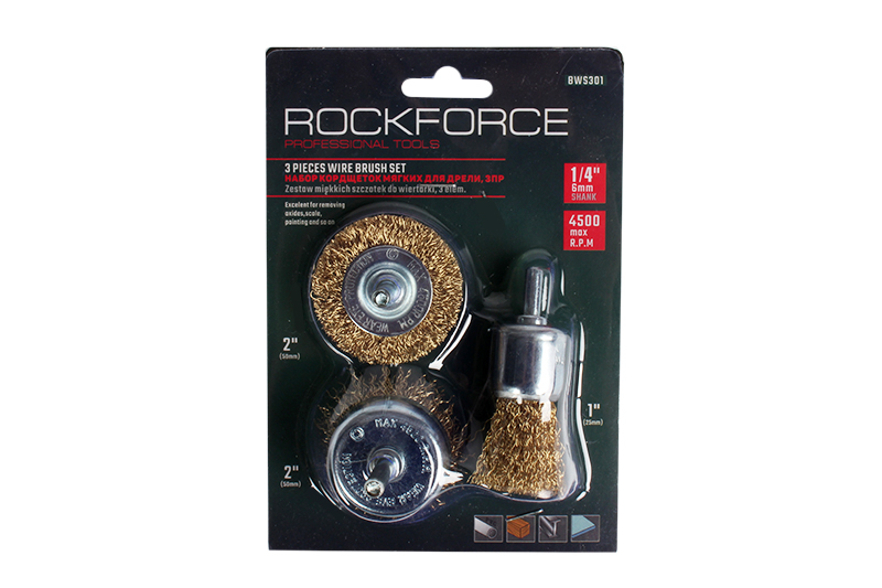 Набор кордщеток ROCKFORCE латунных комбинированный для дрели 3предмета 2штх50мм 25мм фотография №1