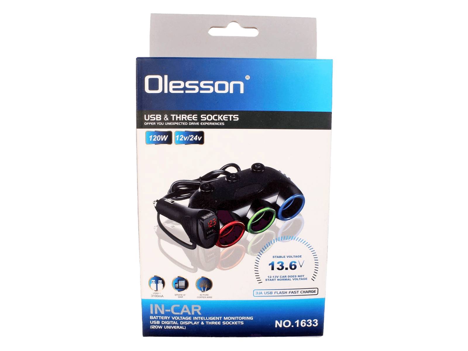 Разветвитель 3 гнезда 1 USB с подсветкой 120Вт фотография №4