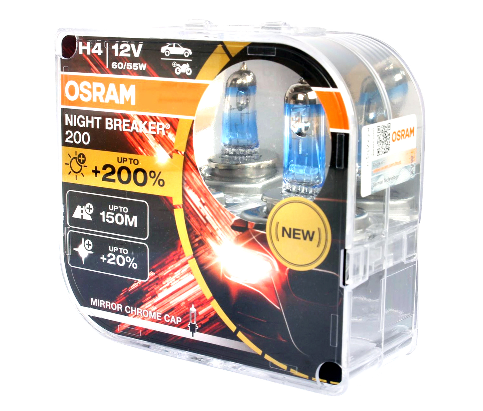 Набор ламп 12Vх60/55W H4 +200%OSRAM NIGHT BREAKER 4050K комплект фотография №2