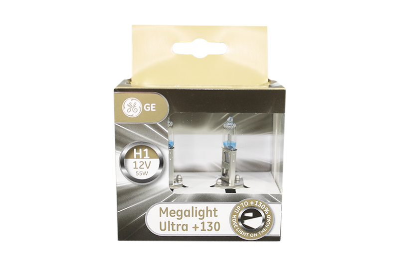 Лампа автомобильная H1 12V- 55W (P14,5s) Megalight Ultra +130 (к.уп.2шт.) (GE) фотография №1