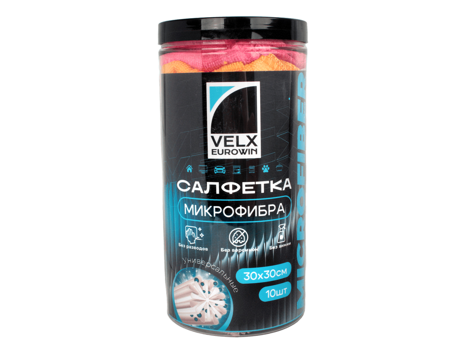 Салфетки из микрофибры в тубе, 30х30 см (10 штук) /30 VELX VE-MF3010 фотография №1