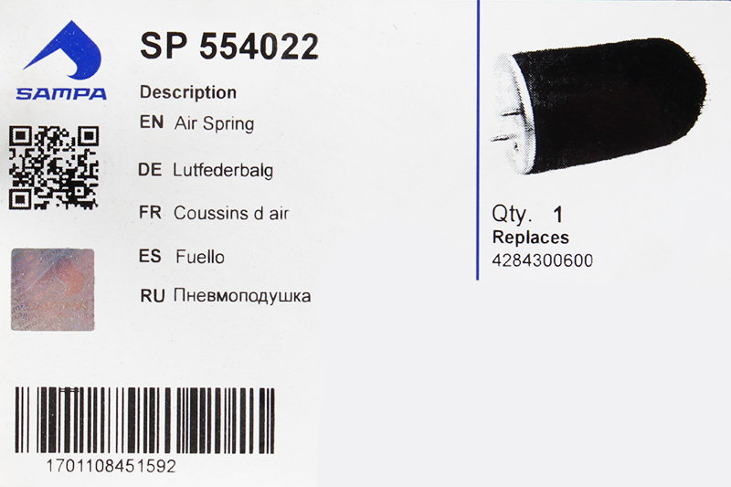 Пневморессора SAF (без стакана,2шп.M12 смещены,1отв.M22х1.5,низ отв.M16мм) SAMPA SP554022 фотография №3