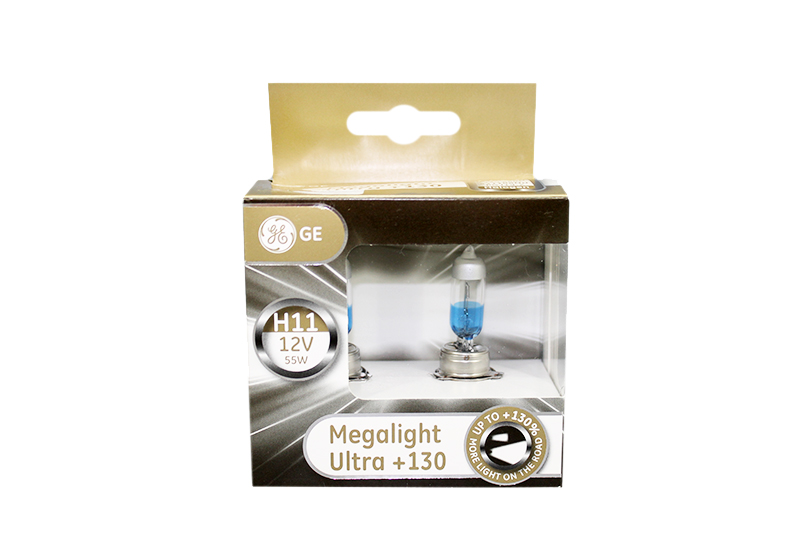 Лампа автомобильная H11 12V-55W (PGJ19-2) Megalight Ultra +130 (к.уп.2шт.) (GE) фотография №1