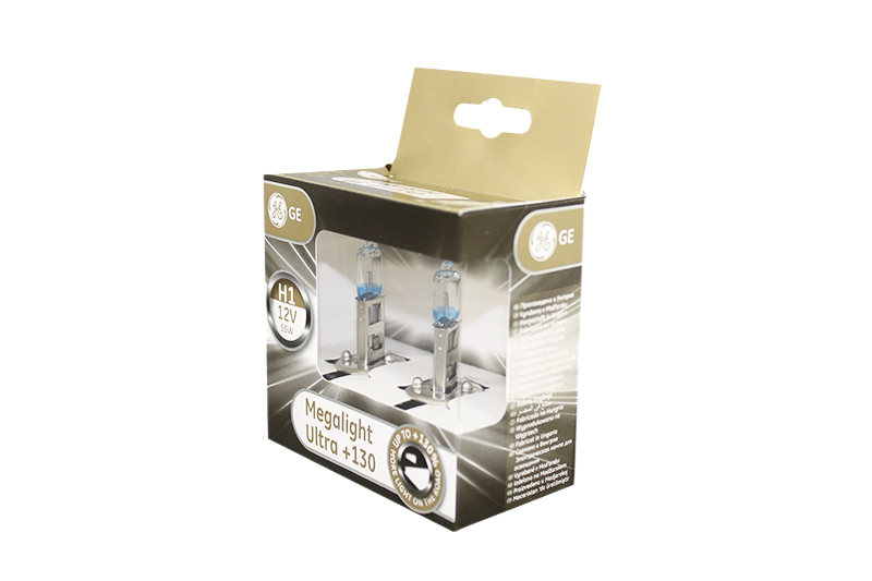 Лампа автомобильная H1 12V- 55W (P14,5s) Megalight Ultra +130 (к.уп.2шт.) (GE) фотография №3