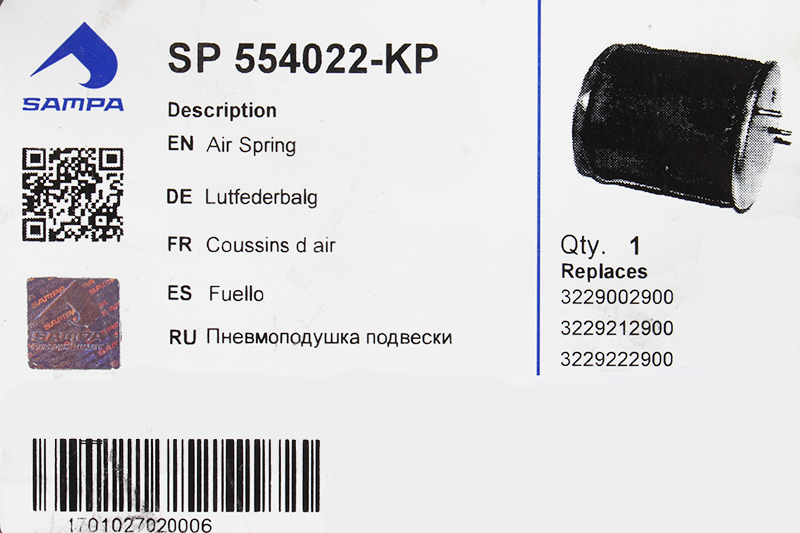 Пневморессора SAF (пластиковый стакан) ( h-141мм 4 отв.,2 шп. M12 смещены,1 отв. M22х1.5мм) SAMPA SP554022-KP фотография №3