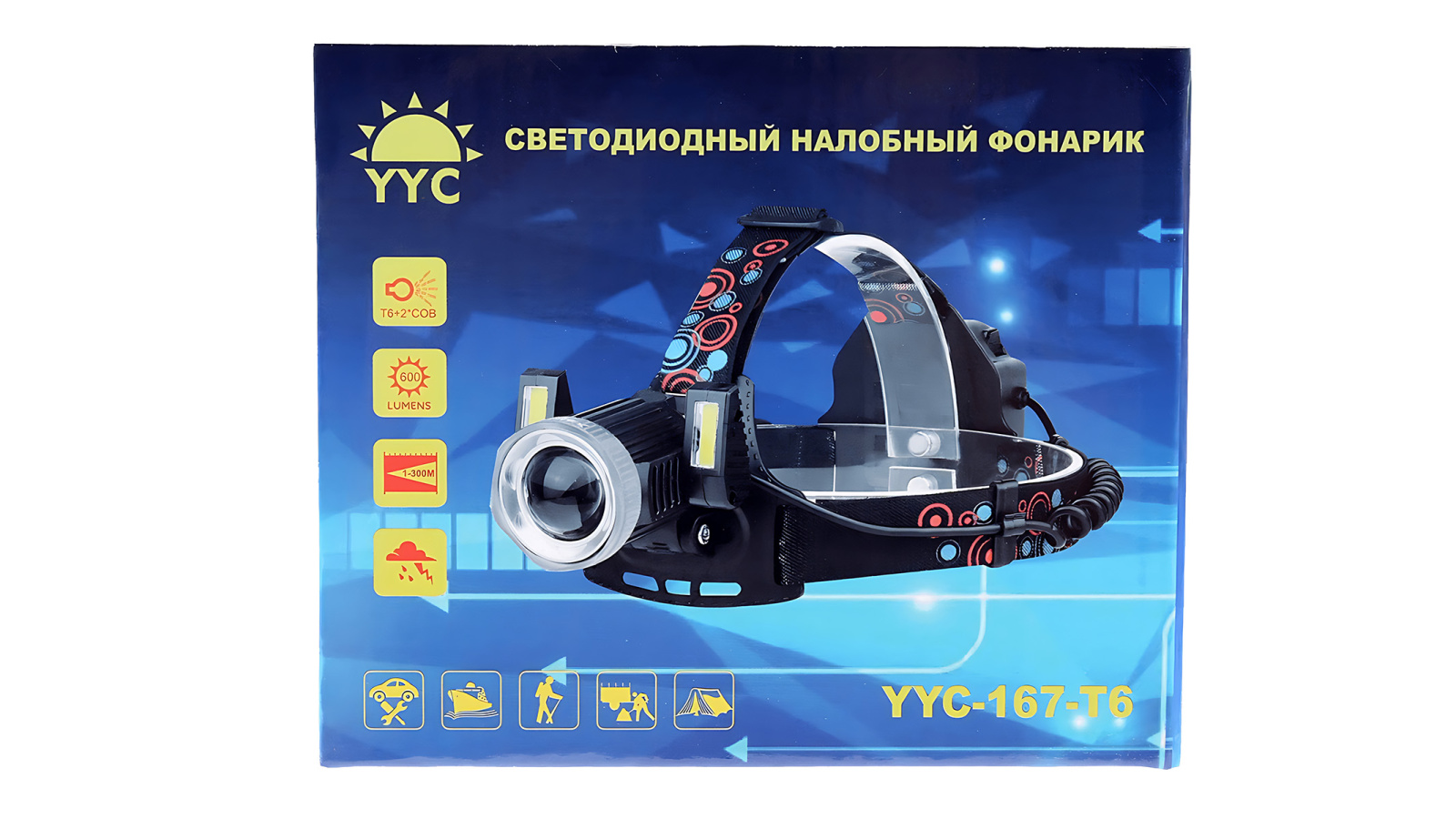 Фонарь налобный аккумуляторный с зарядкой от USB 167 с двумя боковыми светодиодами COB YYC-167 фотография №6