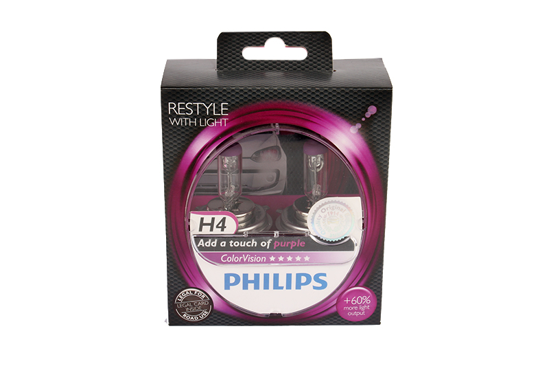 Лампа 12V H4 +60% PHILIPS COLOR VISION PURPLE 3350K комплект фотография №1