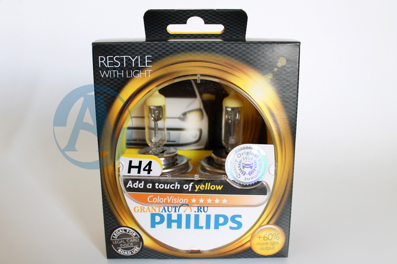 Лампа 12V H4 +60% PHILIPS COLOR VISION YELLOW 3350K комплект