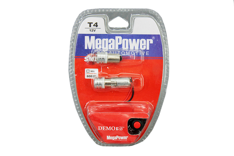 Лампа MEGAPOWER (BA9S/T4W) 12V 1SMD 7080 6000K WHITE с тестером комплект фотография №1