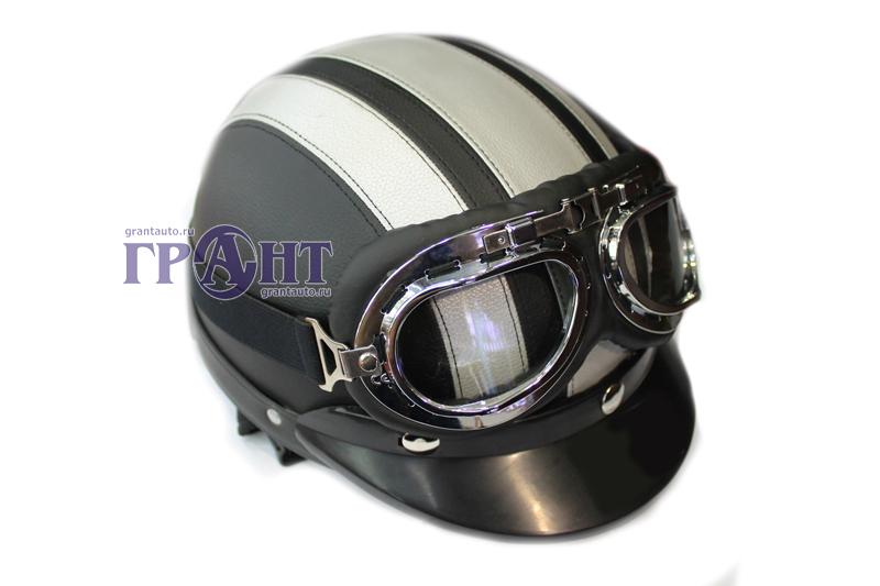 Шлем (кожа) черный-серебристый+очки фотография №1