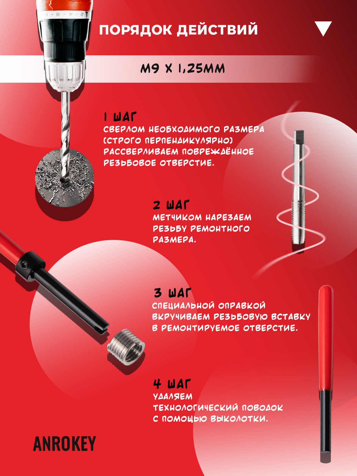 Набор для восстановления резьбы M9x1.25мм 25 предметов ANROKEY фотография №3