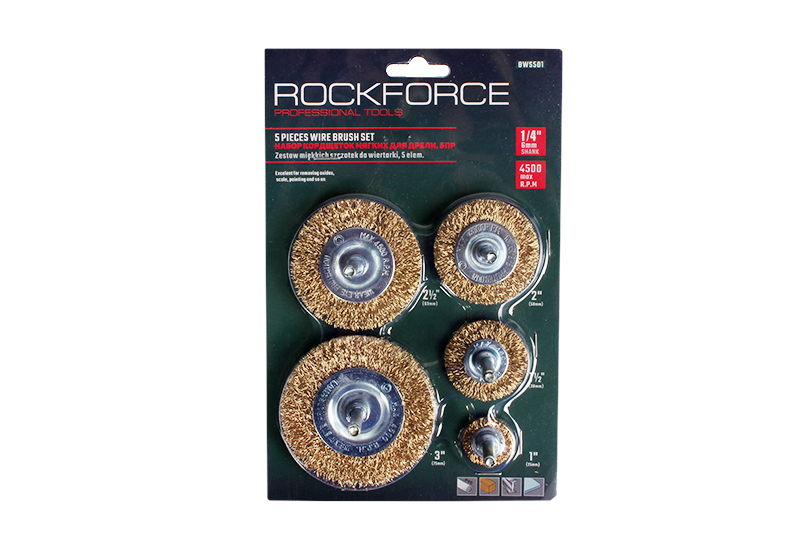 Набор кордщеток ROCKFORCE дисковых латунных для дрели 5 предметов 25,38,50,63,75мм фотография №1