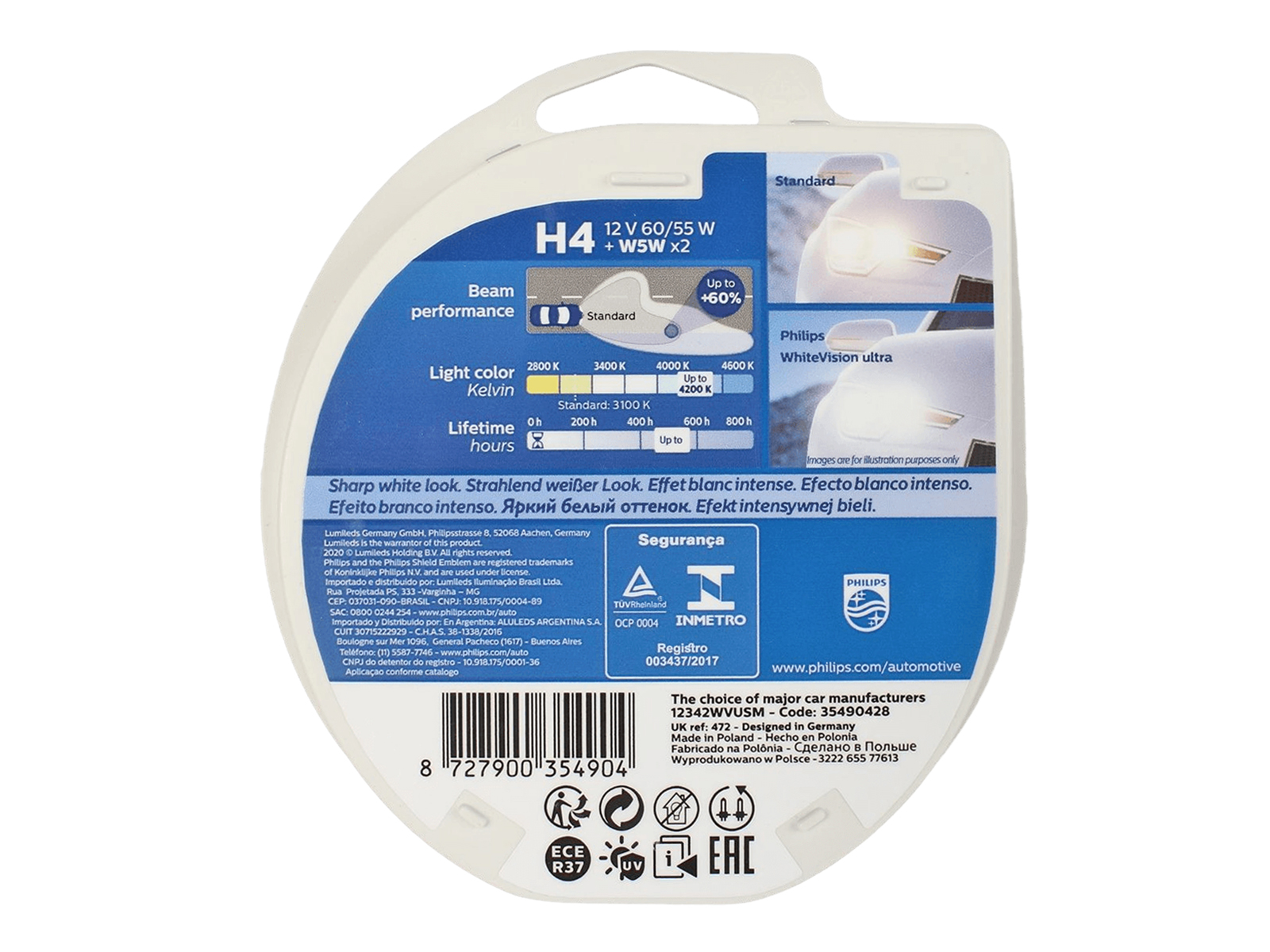 Лампа 12Vx60/55W H4 PHILIPS WHITE VISION ULTRA 4200K к-т фотография №2