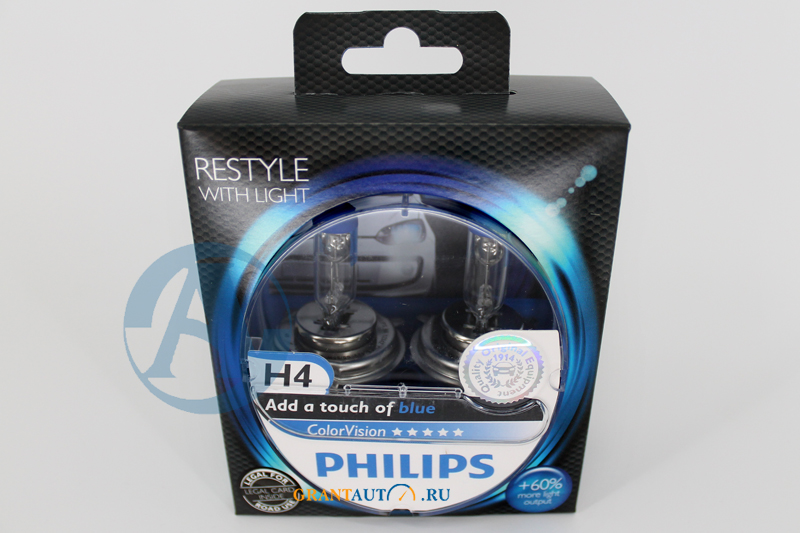 Лампа 12V H4 +60% PHILIPS COLOR VISION BLUE 3350Kкомплект фотография №1