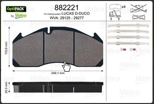 Колодки тормозные VOLVO FL,FH,FM ROR TA,TAC передние/задние (249.5х111.7х29) (4шт.) VALEO 882221 фотография №1